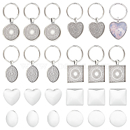 1 Set Heart & Flat Round & Oval & Square Alloy Keychains, with 304 Stainless Steel Split Key Rings and Transparent Glass Cabochons, Antique Silver, 5.5~6cm, 12pcs/set(KEYC-UN0001-11)