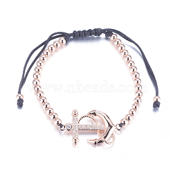 Adjustable Brass Braided Beaded Bracelets, with Nylon Cord and Micro Pave Cubic Zirconia, Lead Free & Cadmium Free, Anchor, Rose Gold, 1-3/4 inch(44mm)(BJEW-F282-22RG-RS)