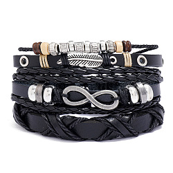 3Pcs 3 Style Leather Cord Bracelets Set, Alloy Feather & Infinity Links Adjustable Bracelets with Waxed Cords, Black, Inner Diameter: 2-1/2 inch(6.5cm), 1Pc/style(PW-WG47941-01)