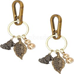 2Pcs Brass Keychain, with Iron Key Rings, Tiger with Leaf and Gourd, Antique Bronze, 10.8cm(KEYC-FH0001-06)