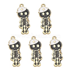 5Pcs Alloy Enamel Pendants, Skeleton with Hat Charm, Golden, White, 32.5x13x1.5mm, Hole: 1.6mm(ENAM-YW0001-49B)