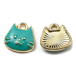 Golden Plated Alloy Charms, with Enamel, Cadmium Free & Nickel Free & Lead Free, Cat Shape Charms, Teal, 11x11x3mm, Hole: 1.6mm(ENAM-L042-01G-03)