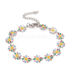 Enamel Daisy Link Chains Bracelet, 304 Stainless Steel Jewelry for Women, Stainless Steel Color, Colorful, 7-1/4 inch(18.4cm)(X-BJEW-P271-01P-02)