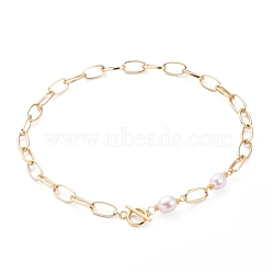Aluminium Paperclip Chain Necklaces, with Natural Baroque Pearl Keshi Pearl Beads and 304 Stainless Steel Toggle Clasps, Golden, 16.33 inch(41.5cm)(X-NJEW-JN02865)