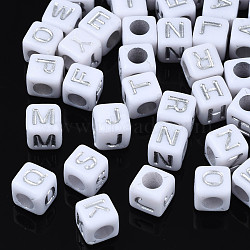 Silver Plating Acrylic Beads, Metal Enlaced, Cube with Alphabet, Letter A~Z, 6x6x6mm, Hole: 3mm, about 2995pcs/500g(PACR-S219-23B)