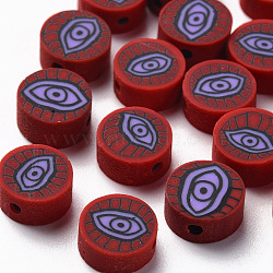 Handmade Polymer Clay Beads,  Flat Round with Eye, FireBrick, 9~10x4~5mm, Hole: 1.8mm(CLAY-N008-045F)