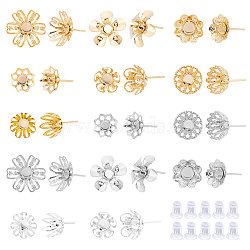 28Pcs Flower 304 Stainless Steel Stud Earring Findings, with 28Pcs Silicone Ear Nuts/Earring Backs, Mixed Color, 16mm, 2pcs/color(STAS-UN0027-69)