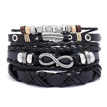 3Pcs 3 Style Leather Cord Bracelets Set, Alloy Feather & Infinity Links Adjustable Bracelets with Waxed Cords, Black, Inner Diameter: 2-1/2 inch(6.5cm), 1Pc/style