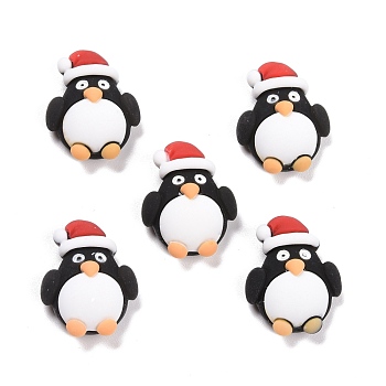 Resin Cabochons, Christmas Theme, Penguin with Christmas Hat, Black, 23.5x18.5x8mm
