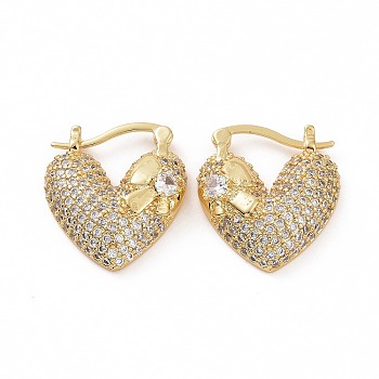 Cubic Zirconia Heart Thick Hoop Earrings, Golden Brass Jewelry for Woman, Clear, 22~23x20.5~21x7mm, Pin: 0.8~1.2x0.7~0.8mm