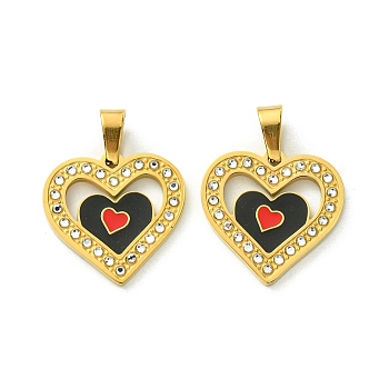 Ion Plating(IP) 304 Stainless Steel Pendants, with Enamel and Rhinestone, Real 18K Gold Plated, Heart Charm, Black, 21x21.5x2mm, Hole: 6.5x4mm
