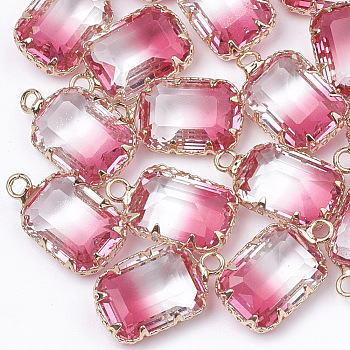 K9 Glass Pendants, Imitation Tourmaline, with Golden Tone Brass Findings, Faceted, Rectangle, Hot Pink, 18~19x10.5x6mm, Hole: 2mm