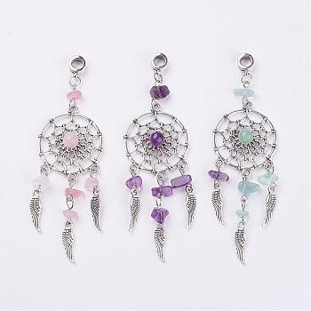 Tibetan Style Alloy European Dangle Charms, with Natural Chip Gemstone, Woven Net/Web with Feather, 92.5mm, Hole: 5mm
