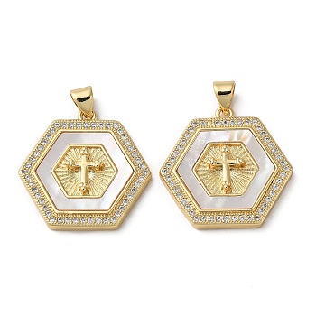 Brass Micro Pave Cubic Zirconia Pendants, with Shell, Hexagon with Cross, Real 18K Gold Plated, 24x24x4mm, Hole: 4x3.5mm