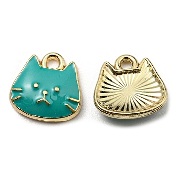 Golden Plated Alloy Charms, with Enamel, Cadmium Free & Nickel Free & Lead Free, Cat Shape Charms, Teal, 11x11x3mm, Hole: 1.6mm