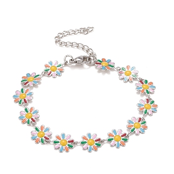 Enamel Daisy Link Chains Bracelet, 304 Stainless Steel Jewelry for Women, Stainless Steel Color, Colorful, 7-1/4 inch(18.4cm)