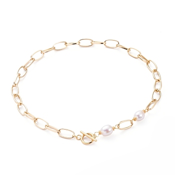 Aluminium Paperclip Chain Necklaces, with Natural Baroque Pearl Keshi Pearl Beads and 304 Stainless Steel Toggle Clasps, Golden, 16.33 inch(41.5cm)