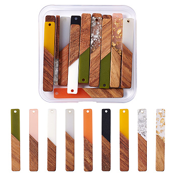 18Pcs 2 Style Resin & Walnut Wood Big Pendants, Two Tone, Rectangle, Mixed Color, 51.5x7.5x3mm, Hole: 1.8mm