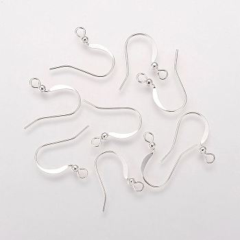 Brass French Earring Hooks, Flat Earring Hooks, Ear Wire, Nickel Free, with Beads and Horizontal Loop, Silver Color Plated, 15mm, Hole: 2mm, 21 Gauge, Pin: 0.7mm