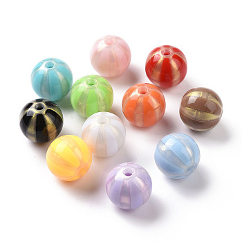 Opaque Acrylic Beads, Glitter Powder, Round with Stripe Pattern, Mixed Color, 15.5x15mm, Hole: 3mm