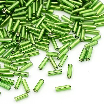 Glass Bugle Beads, Silver Lined, Lime Green, 6~8x1.8mm, Hole: 0.6mm, 10000pcs/pound
