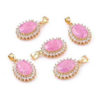 Golden Plated Brass Micro Pave Clear Cubic Zirconia Pendants, with Glass, Long-Lasting Plated, Oval, Hot Pink, 23x16.5x7.5mm, Hole: 4x6mm