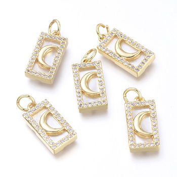 Brass Micro Pave Cubic Zirconia Pendants, with Jump Rings and Natural Shell, Long-Lasting Plated, Cadmium Free & Lead Free & Nickel Free, Rectangle with Moon, Clear, Real 18K Gold Plated, 16x8x3mm, Hole: 3.4mm