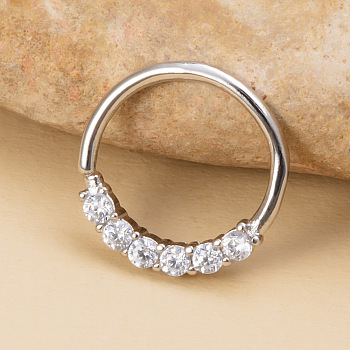 316L Surgical Stainless Steel Micro Pave Clear Cubic Zirconia Hoop Nose Rings, Cartilage Earrings, Stainless Steel Color, Inner Diameter: 8mm, Pin: 0.8mm