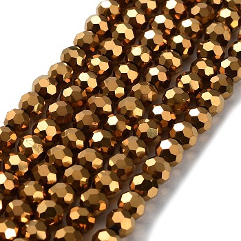 Faceted(32 Facets) Electroplate Glass Bead Strands, Round, Golden Plated, 6x5mm, Hole: 1mm, about 100pcs/strand, 21 inch