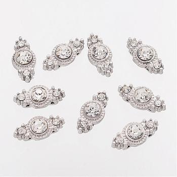 Zinc Alloy Beads Spacers, with Rhinestone and Two Holes, Flat Round, Platinum Color, Size: about 8.5mm wide, 17.5mm long, 5.6mm thick, hole: 1mm.