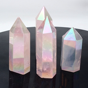 Electroplate Natural Quartz Healing Hexagonal Prisms Figurines, Reiki Energy Stone Display Decorations, Clear AB, 30~50x16~20mm