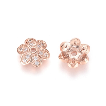 Brass Micro Pave Cubic Zirconia Bead Cap, 6-Petal, Flower, Clear, Rose Gold, 11.5x3.5mm, Hole: 1.6mm