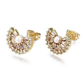 Brass Micro Pave Cubic Zirconia Stud Earrings, with ABS Plastic Imitation Pearl and Ear Nuts, Nickel Free, Fan, Creamy White, Real 16K Gold Plated, 10x13.5mm, Pin: 0.8mm