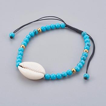 Synthetic Turquoise(Dyed) Braided Bead Bracelets, with Cowrie Shell, 2 inch~3-1/8 inch(5~8cm)