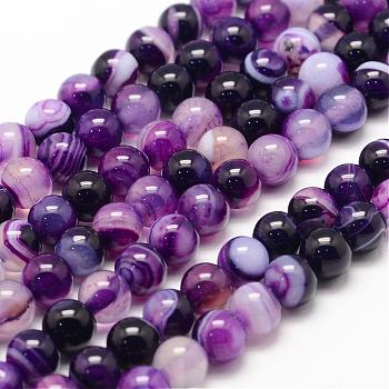 Natural Striped Agate/Banded Agate Bead Strands, Round, Grade A, Dyed & Heated, Purple, 6mm, Hole: 1mm, about 62~63pcs/strand, 14.5 inch