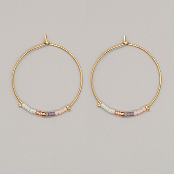 Glass Seed Beaded Hoop Earrings, Boho Beach Earrings, Lavender Blush, 30x30mm
