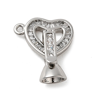 Brass Pave Clear Cubic Zirconia Fold Over Clasps, Heart, Real Platinum Plated, Heart: 12.5x17x2mm, Hole: 1.5mm; Clasps: 17.5x7.5mm, Inner Diameter: 5.5mm