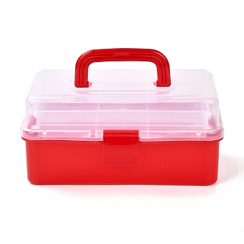 Rectangle Portable PP Plastic Storage Box, with 3-Tier Fold Tray, Tool Organizer Handled Flip Container, Red, 15.5x28x12.5cm
