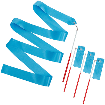 4Pcs Polycotton Dance Ribbons with Wand, Rainbow Rhythmic Gymnastic Ribbon Streamer for Kids, Deep Sky Blue, 2270mm