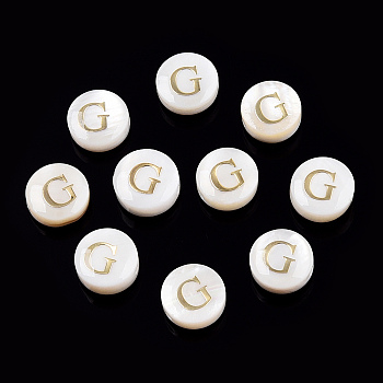 Natural Freshwater Shell Beads, with Golden Plated Brass Etched Metal Embellishments, Flat Round with Letter, Letter G, 7.5~8x4~5mm, Hole: 0.8mm