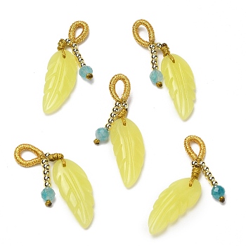 Natural Lemon Jade Pendants, Leaf Charms with Faceted Natural Stone and Brass Beads, Real 14K Gold Plated, 37mm