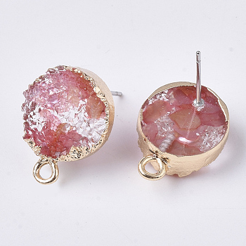 Druzy Resin Stud Earring Loops, with Steel Pins and Edge Light Gold Plated Iron Loops, Flat Round, Indian Red, 18x13.5mm, Hole: 1.8mm, Pin: 0.6mm
