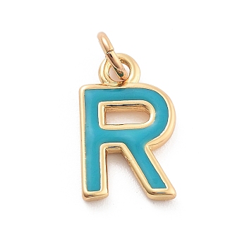 Rack Plating Brass Pendants, with Enamel and Jump Ring, Cadmium Free & Lead Free, Long-Lasting Plated, Real 18K Gold Plated, Letter, Letter R, 11.5x7x1mm, Hole: 2.5mm