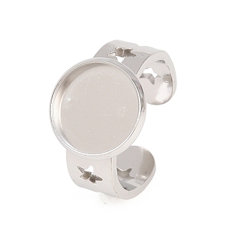 Hollow Star 304 Stainless Steel Open Cuff Ring Components, Round Bezel Cup Ring Settings, Stainless Steel Color, 7mm, 18mm, Tray Size: 12mm