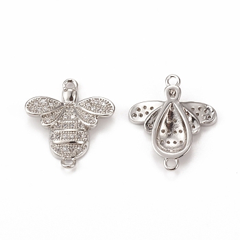 Brass Micro Pave Cubic Zirconia Connector Charms, Bees, Platinum, 19.5x17x3.5mm, Hole: 1.5mm