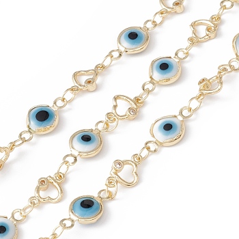 Handmade Eco-friendly Brass Enamel Flat Round with Evil Eye & Heart Link Chain, with Clear Cubic Zirconia, Real 18K Gold Plated, Lead Free & Cadmium Free, Soldered, with Spool, Sky Blue, 9x6x2mm, 13x7x3mm