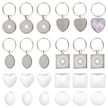 1 Set Heart & Flat Round & Oval & Square Alloy Keychains, with 304 Stainless Steel Split Key Rings and Transparent Glass Cabochons, Antique Silver, 5.5~6cm, 12pcs/set