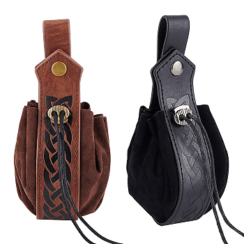 Globleland 2Pcs 2 Colors PU Leather & Suede Fabric Waist Belt Pouch, Retro Medieval Viking Style Waist Coin Bag with Drawstring for Men, Mixed Color, 18x9x1.64cm, Unfold: 34x22x1.3cm, 1pc/color