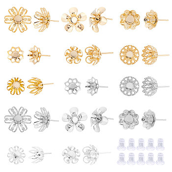 28Pcs Flower 304 Stainless Steel Stud Earring Findings, with 28Pcs Silicone Ear Nuts/Earring Backs, Mixed Color, 16mm, 2pcs/color