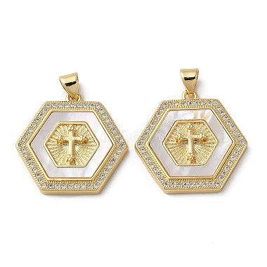 Real 18K Gold Plated White Hexagon Brass+Cubic Zirconia+Shell Pendants
